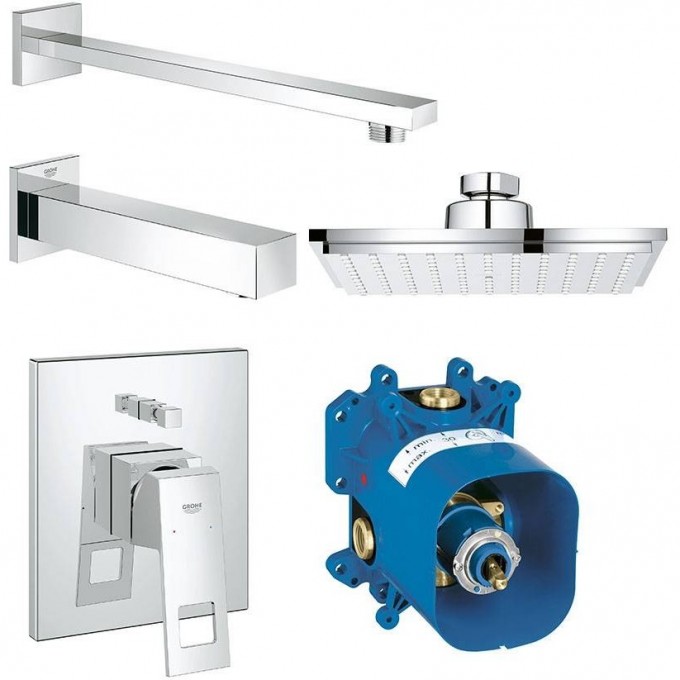 Набор для ванны: смеситель GROHE Eurocube, верхний душ, ручной душ, квадратная розетка, излив, хром 119696